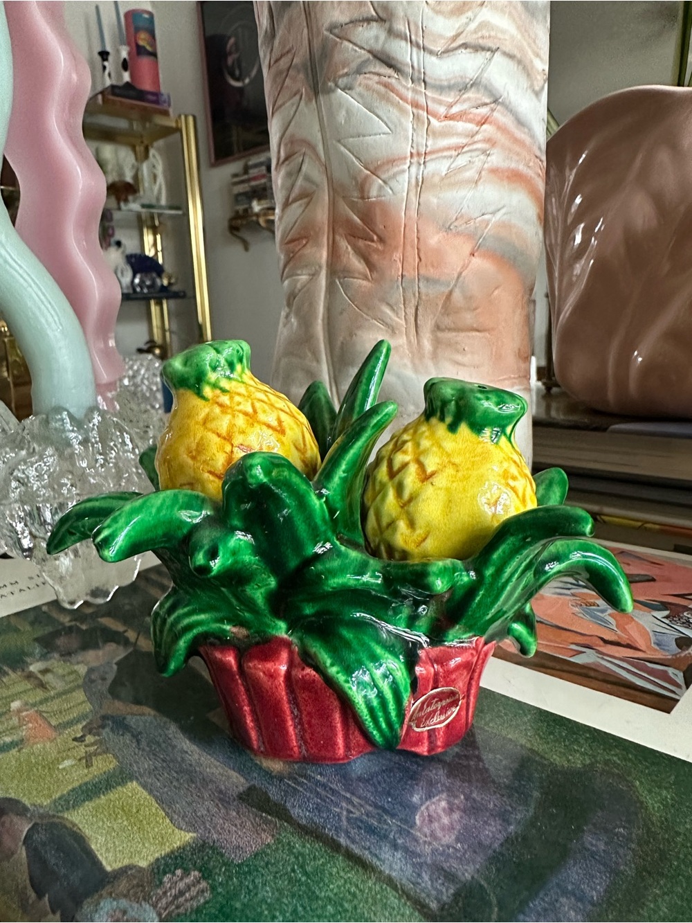 Vintage Pineapple's in Pineapple Tree Top Carrier Salt & Pepper Shakers